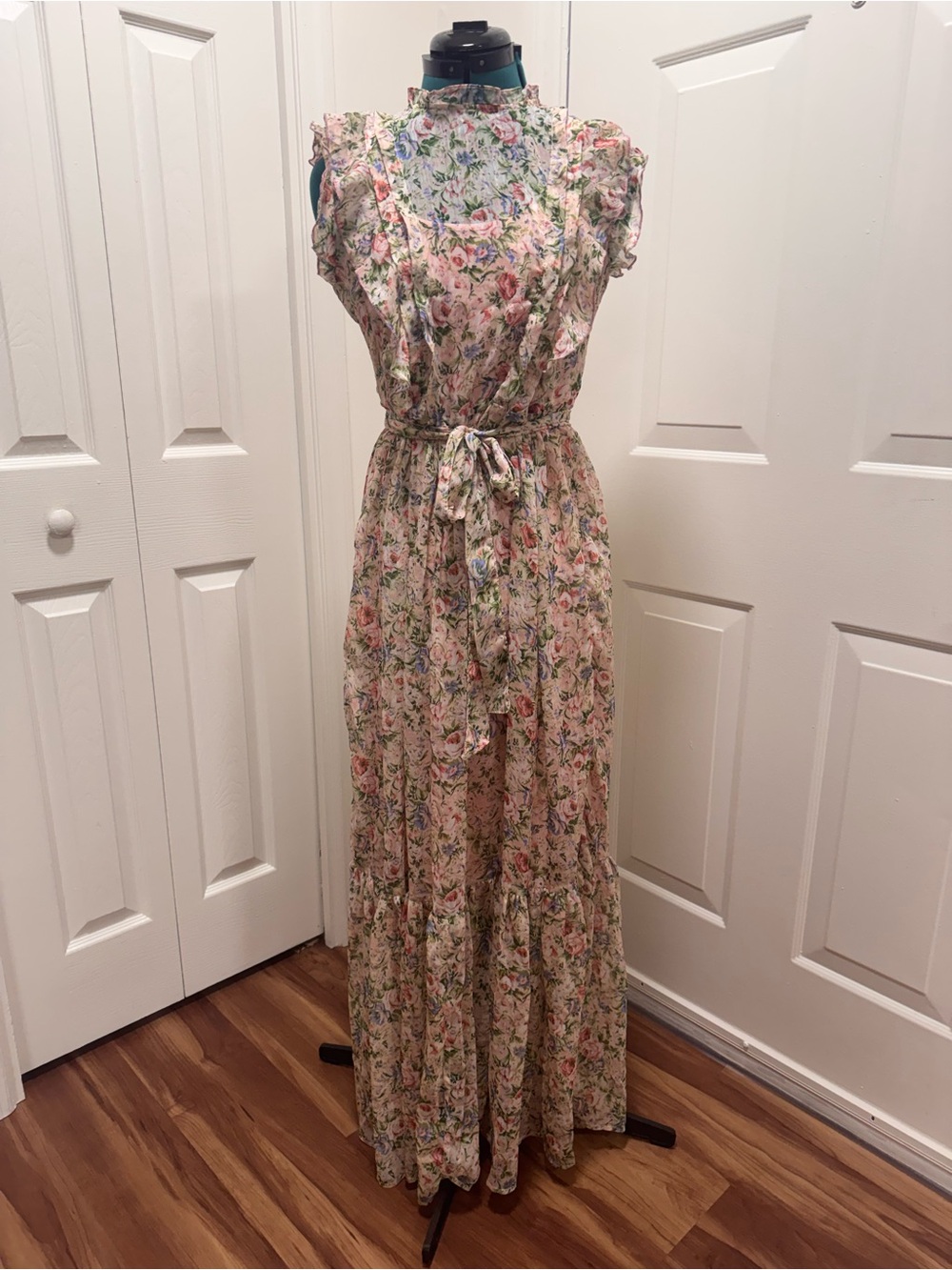 Unique Vintage Floral Ruffle Maxi Dress with Pink & Green Accents